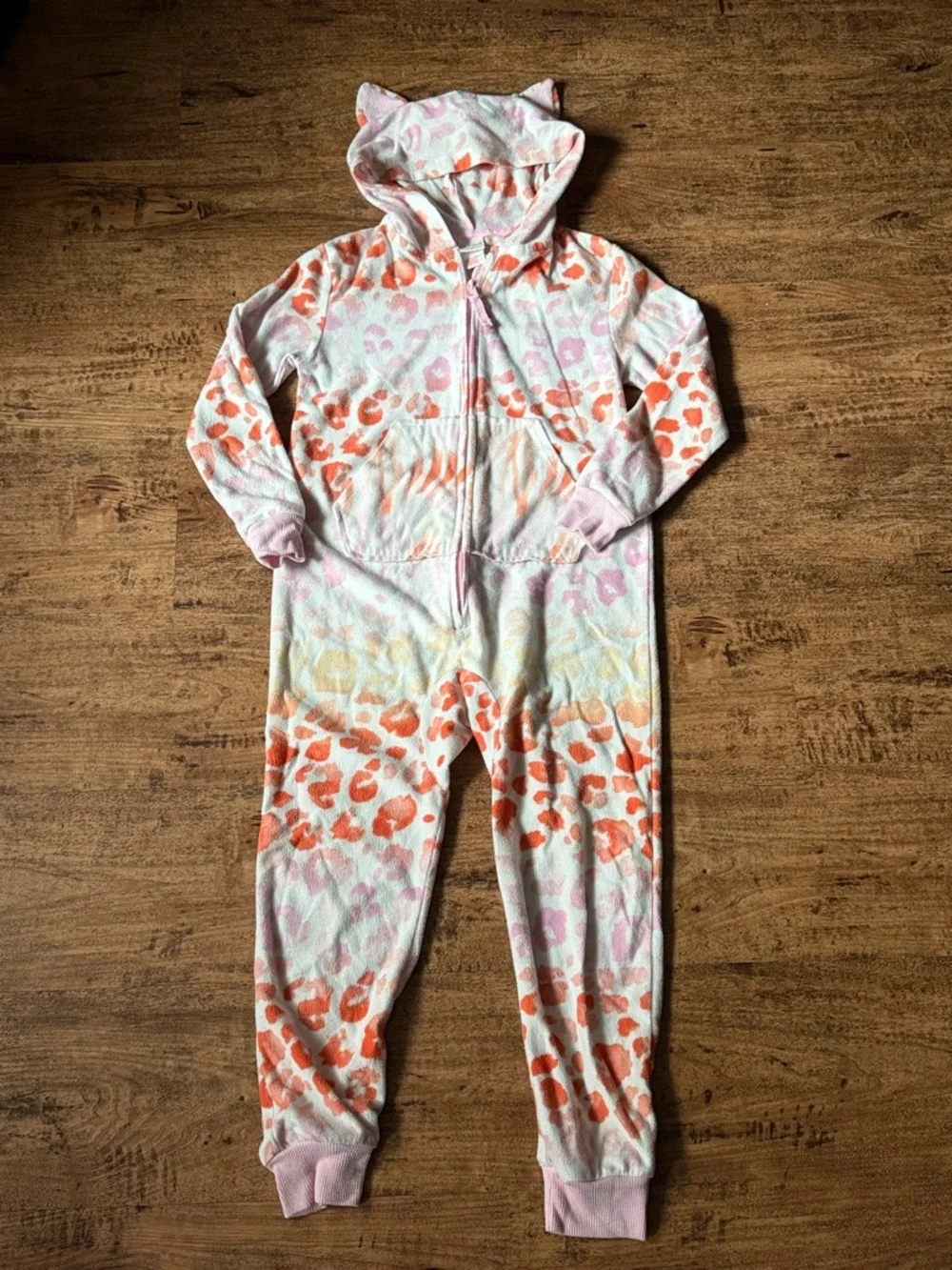 Kids Pink & Orange Leopard Print Hooded One-Piece size 6/6x